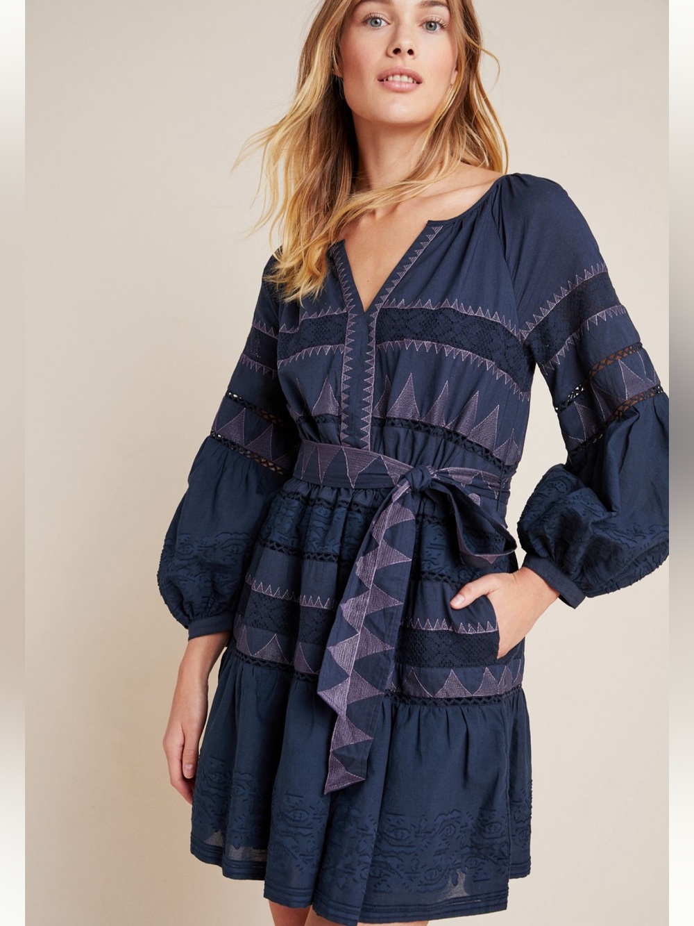 Anthropologie Skye Mini Dress with Purple Embroidered Trim Size M